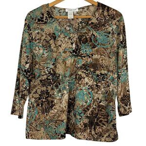 Coldwater Creek Womens Floral Print Top 1X Brown Teal V-Neck Polyester Stretch